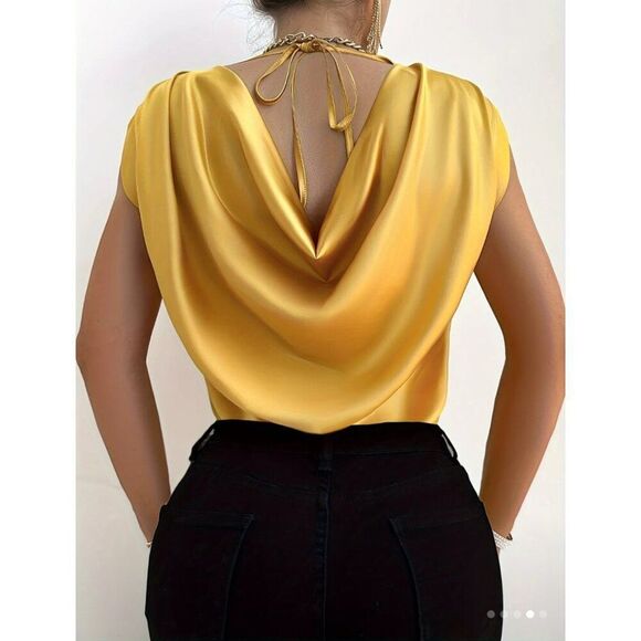 UUG Women Yellow Satin Draped Tie Back Cut-Out Blouse Size L - Picture 2 of 8